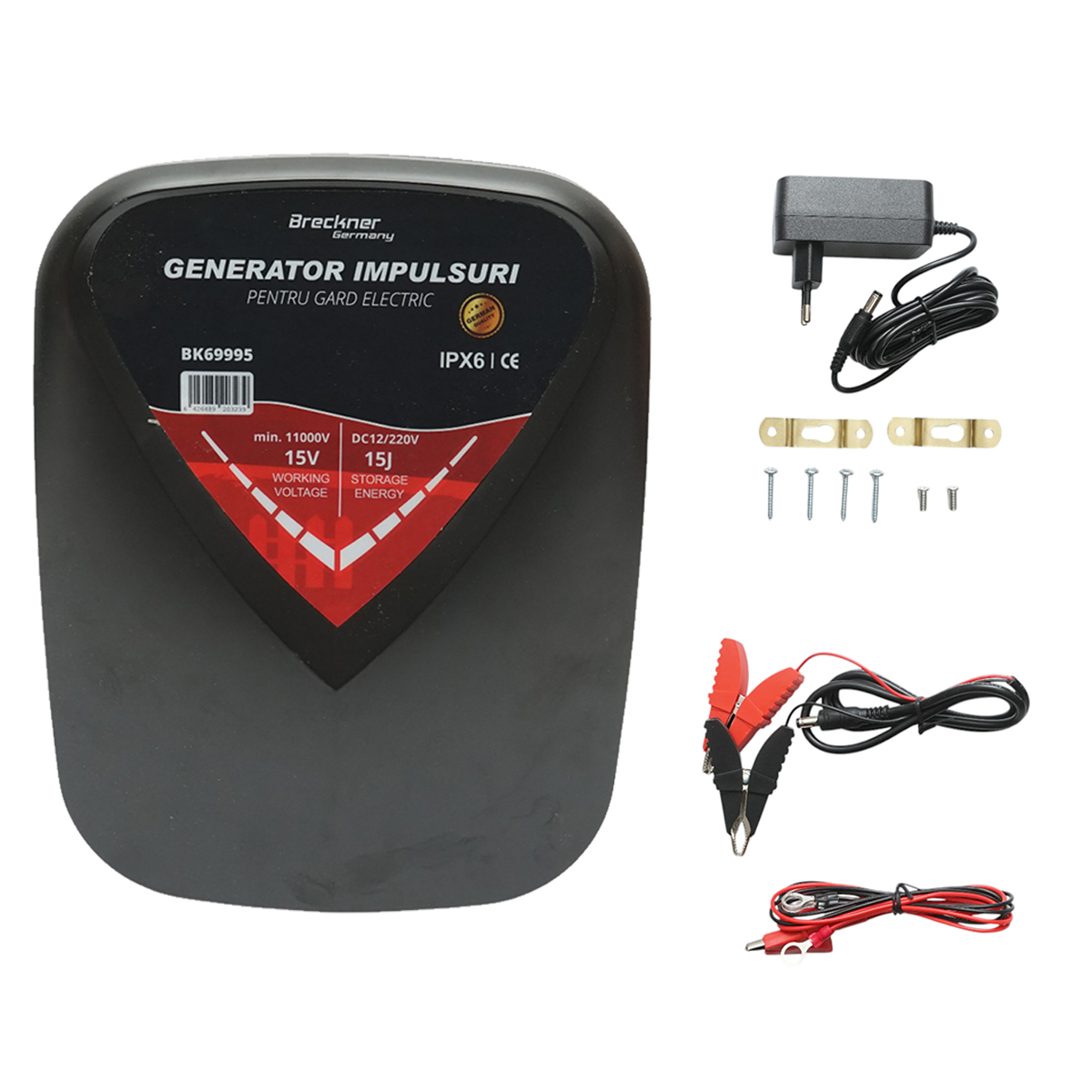 Aparat generator de impulsuri 15 Joule, 12V/220V, 100 km pentru gard electric IPX6 Breckner Germany