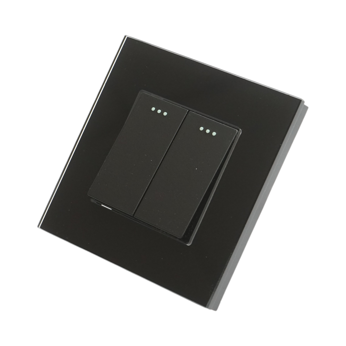 Intrerupator dublu cap scara negru incastrat 220V, 16AX, indicator luminos, rama sticla 86x86x34mm