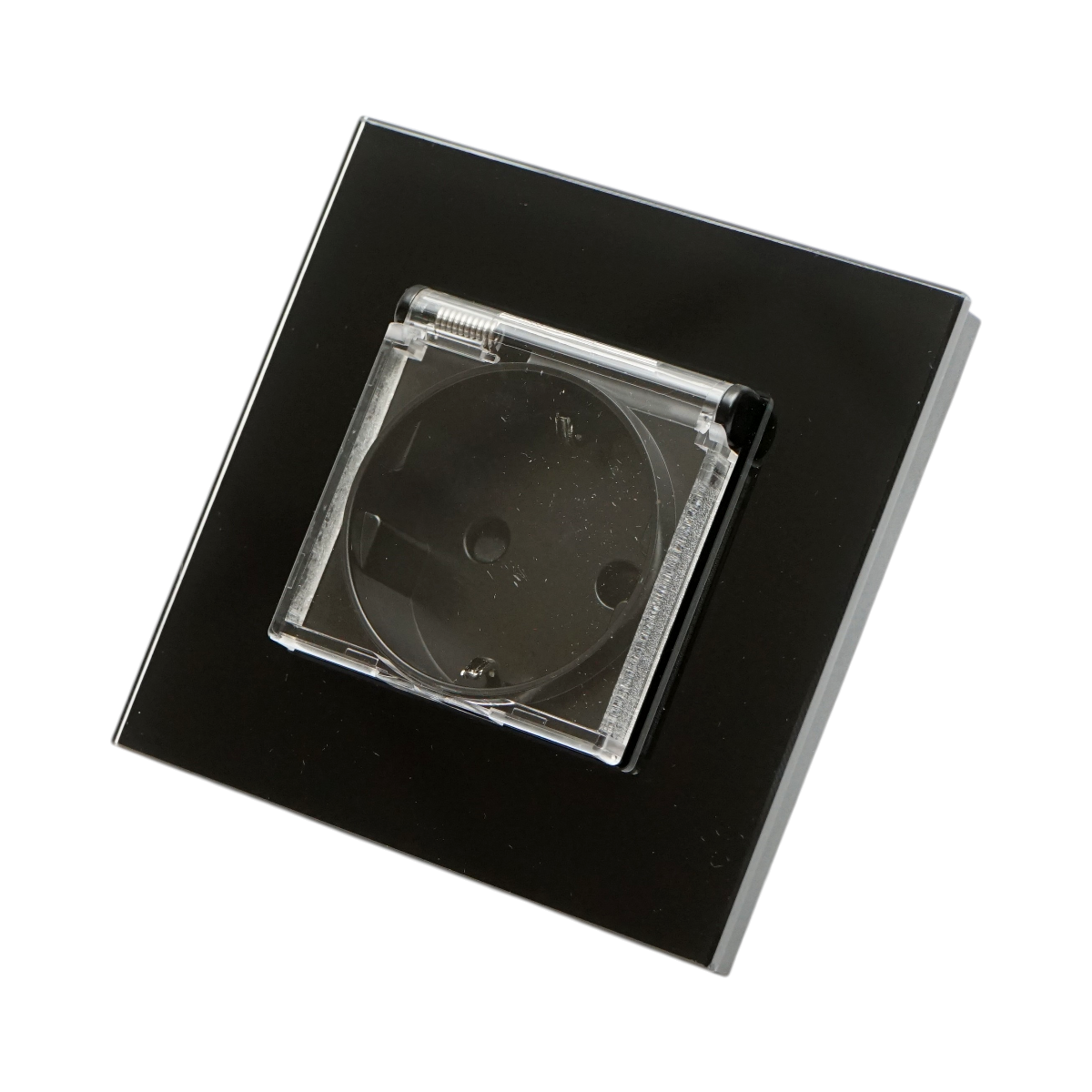 Priza schuko neagra 220V, 16A, capac transparent, rama sticla 86x86x34mm