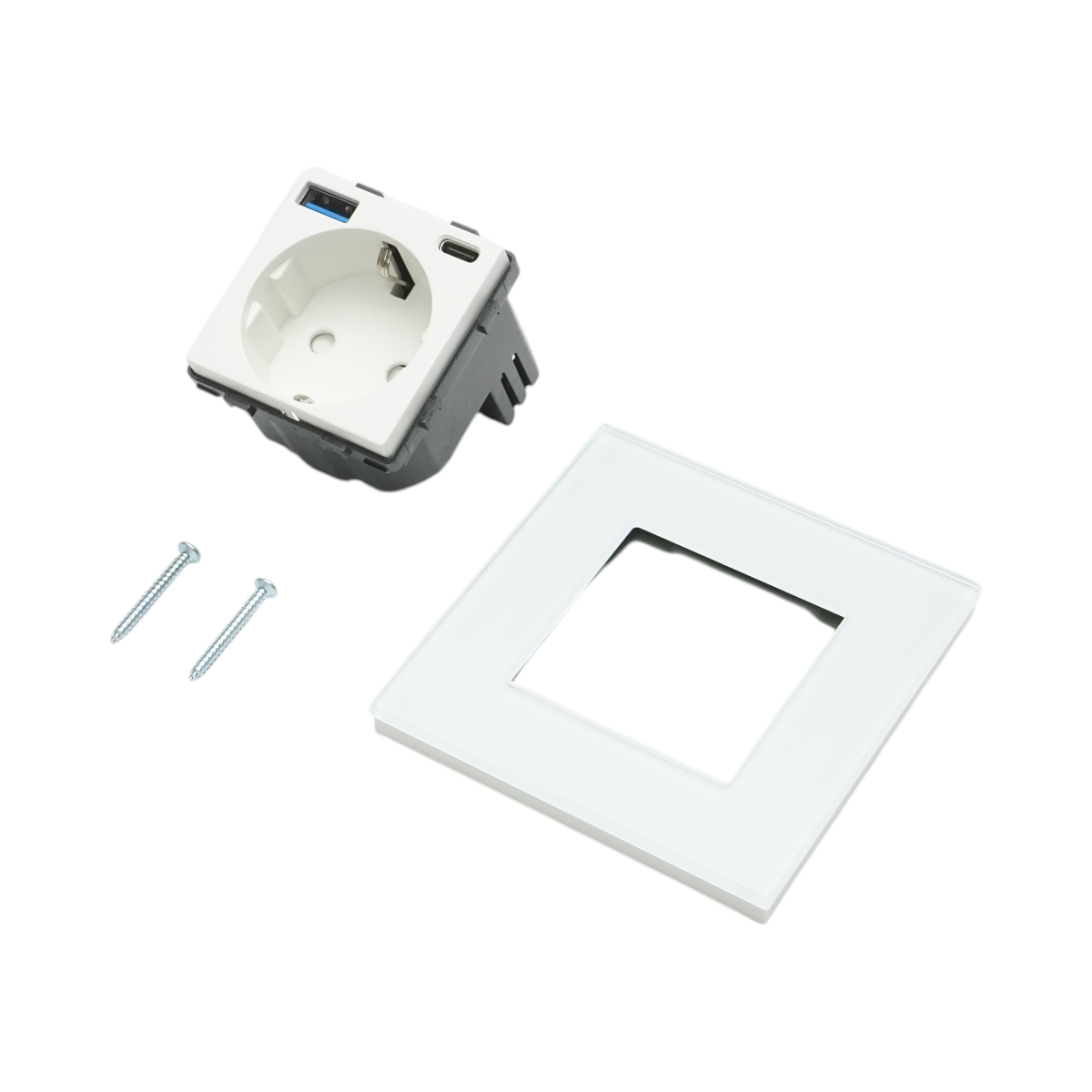 Priza schuko alba incastrata 220V, 16A, 2xUSB A+C 20W incarcare rapida, rama sticla 86x86x34mm - imagine 5