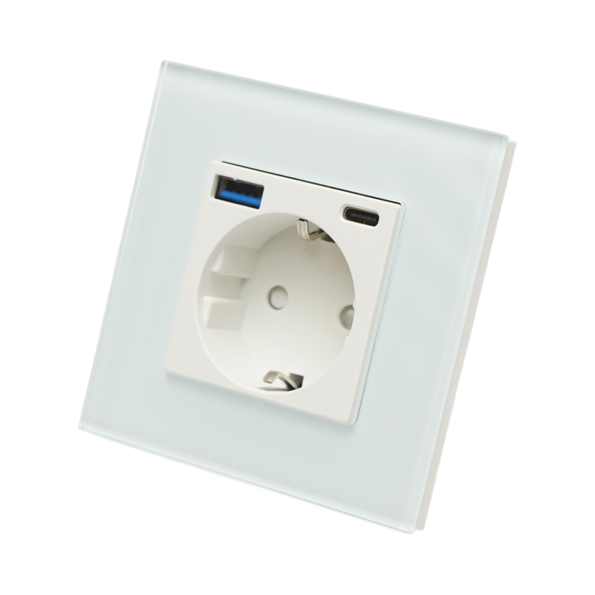 Priza schuko alba incastrata 220V, 16A, 2xUSB A+C 20W incarcare rapida, rama sticla 86x86x34mm