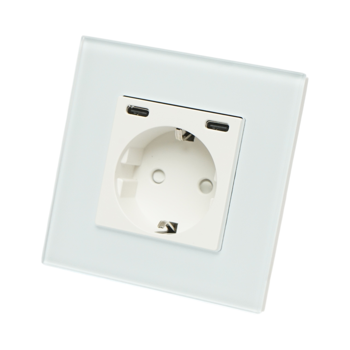 Priza schuko alba incastrata 220V, 16A, 2xUSB-C 20W incarcare rapida, rama sticla 86x86x34mm
