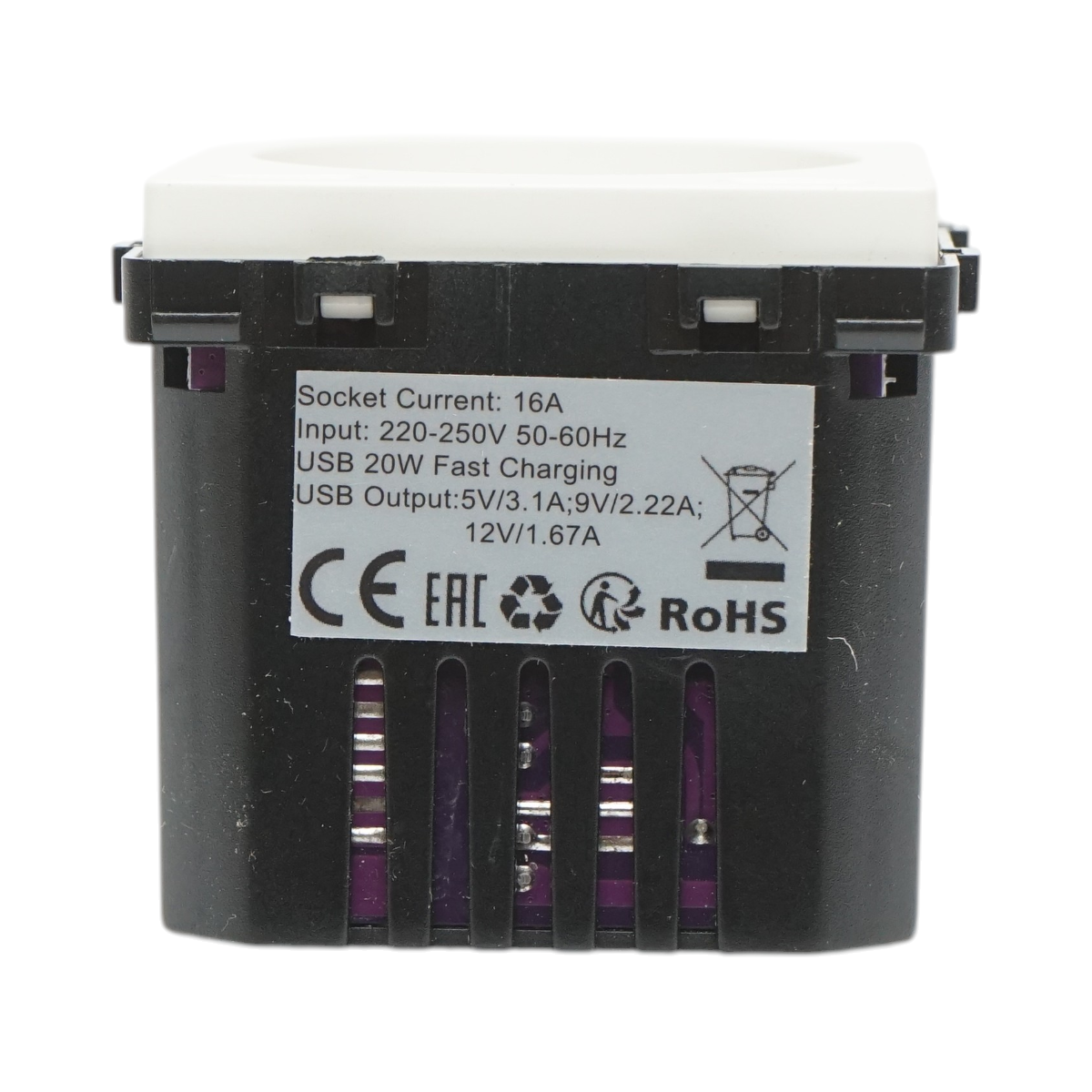 Priza schuko alba incastrata 220V, 16A, 2xUSB-C 20W incarcare rapida, rama sticla 86x86x34mm - imagine 6