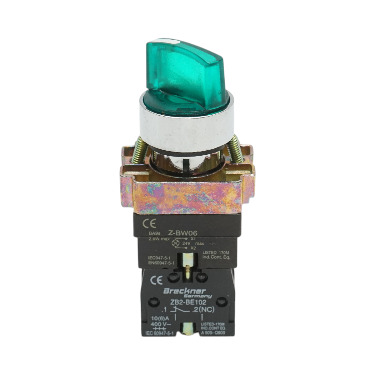 Selector 2 pozitii cu retinere si indicator semnalizare LED verde 1NO+1NC, 24V, LAY5 Breckner Germany