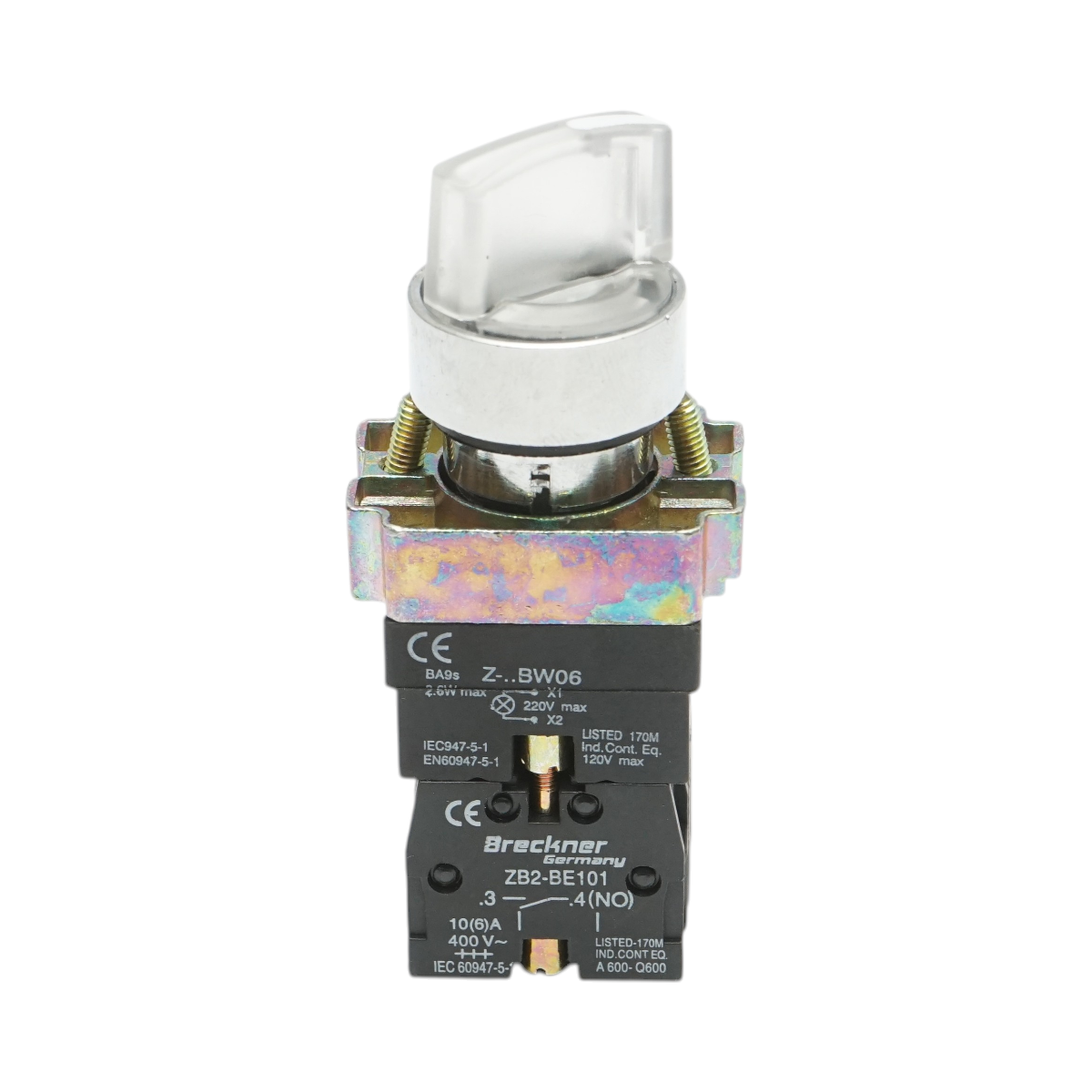 Selector 2 pozitii cu retinere si indicator semnalizare LED alb 1NO+1NC, 220V, LAY5 Breckner Germany