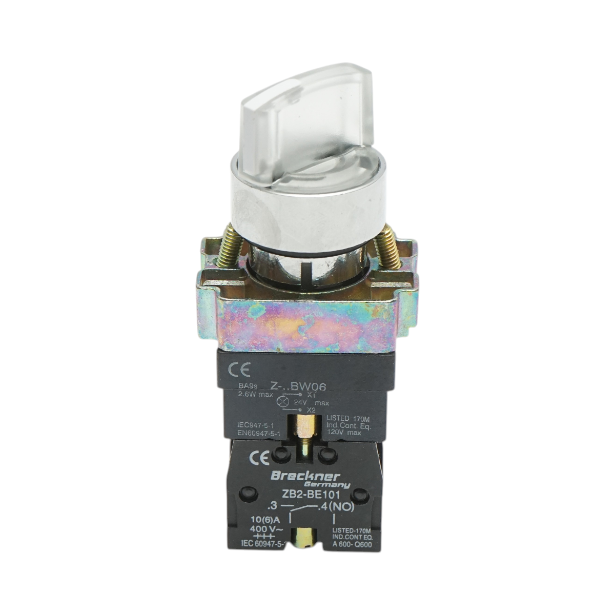 Selector 2 pozitii cu retinere si indicator semnalizare LED alb 1NO+1NC, 24V, LAY5 Breckner Germany