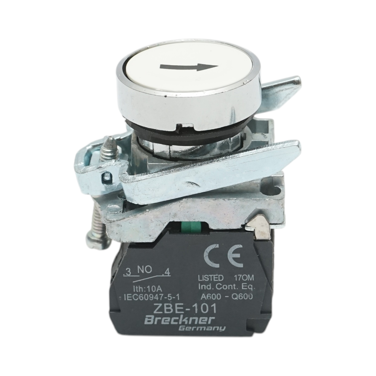 Buton comanda alb cu revenire si marcaj sageata 1NO, 10A, TB4 Breckner Germany