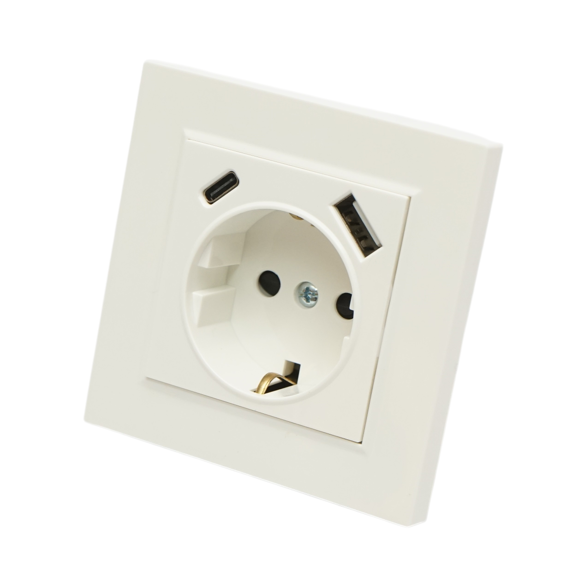Priza schuko alba incastrata 220V, 16A, 2xUSB A+C 5V 2.1A, ABS 80x80mm