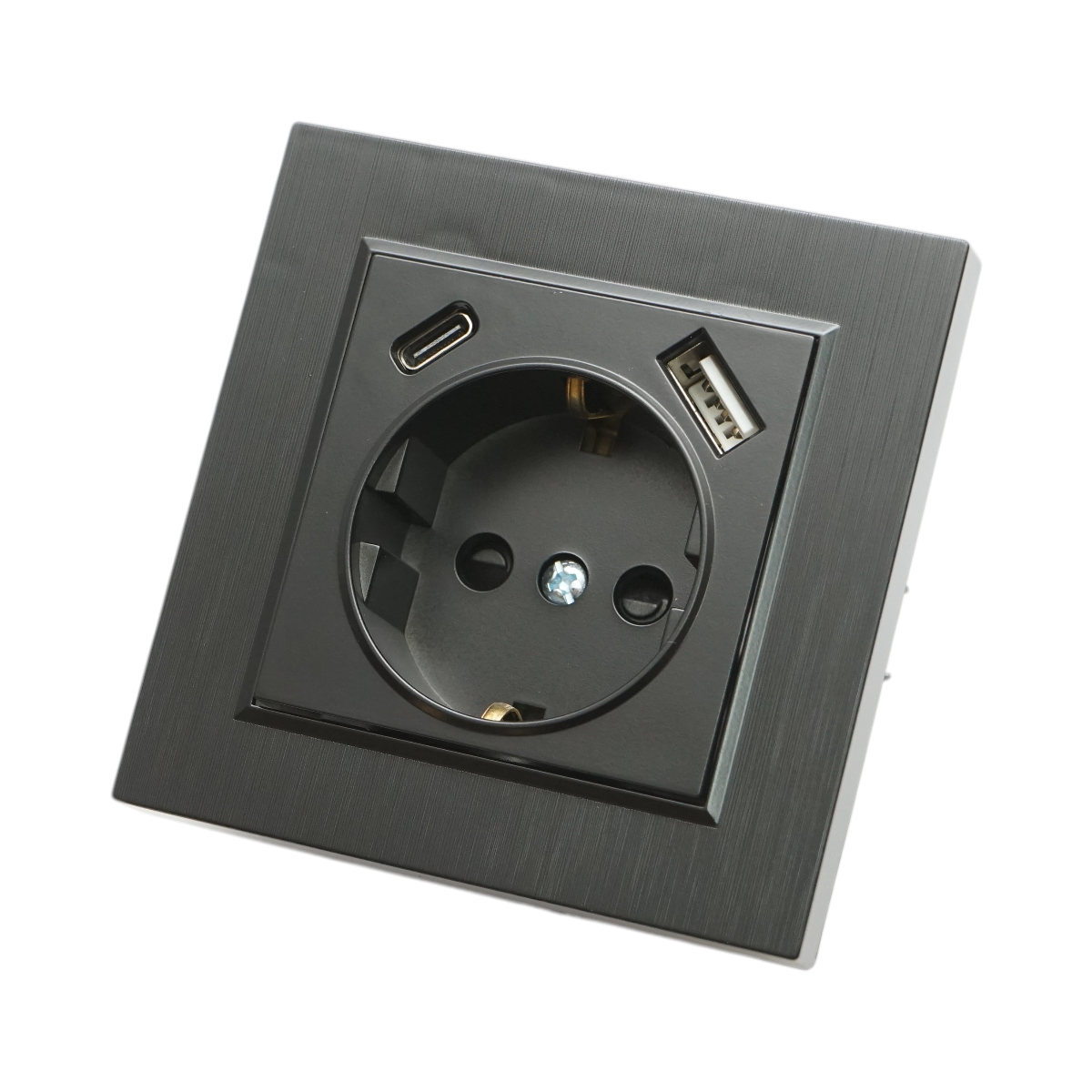 Priza schuko neagra incastrata 220V, 16A, 2xUSB A+C 5V 2.1A, ABS 80x80mm