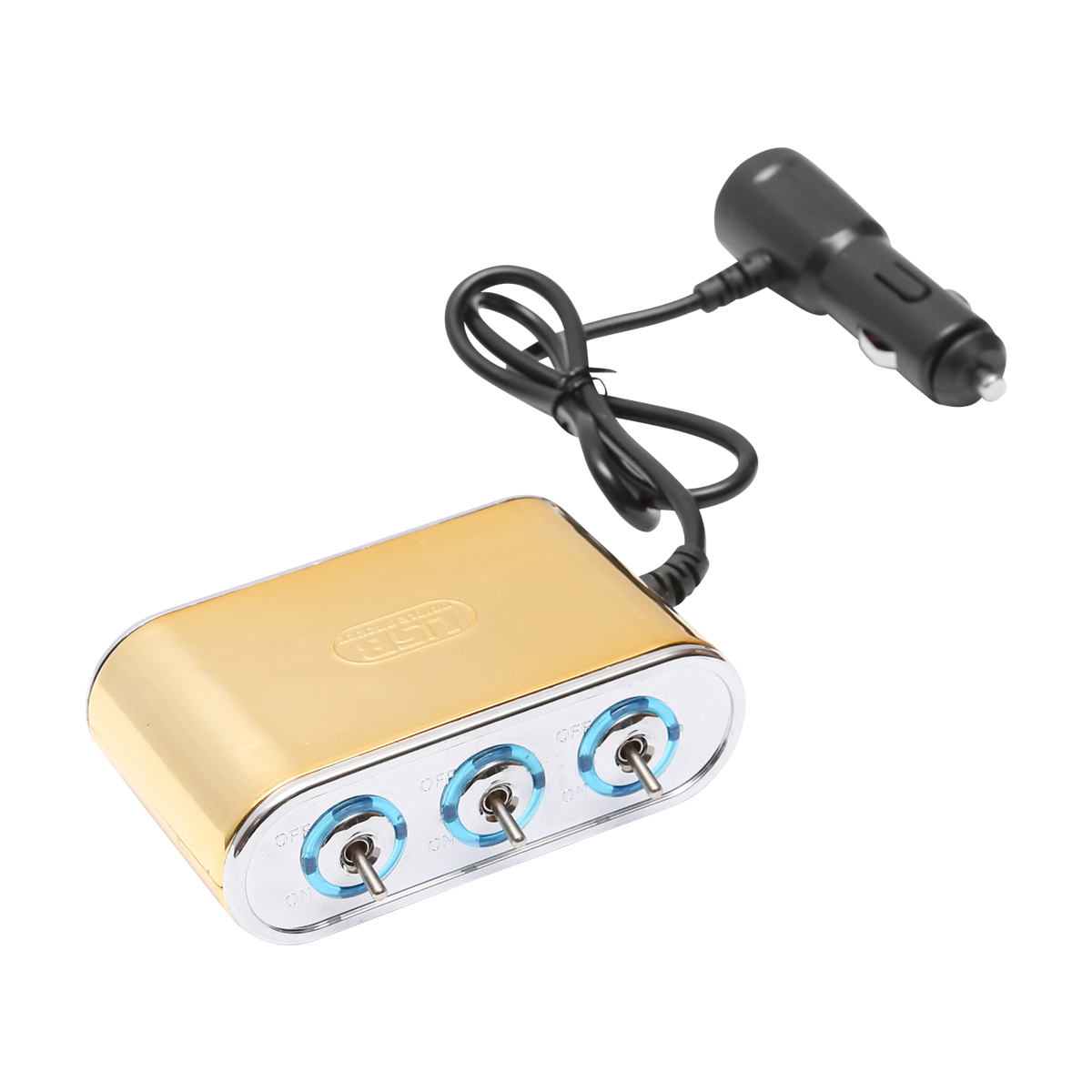 Adaptor bricheta auto tripla 12/24V auriu cu intrerupator individual si 1 port USB 5V 2.1A - imagine 2