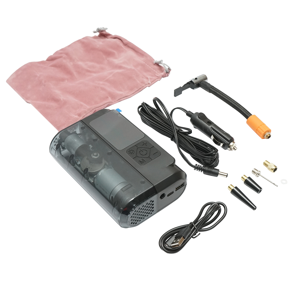 Compresor aer smart portabil digital LED 12V/100W, USB-C 5V/2A, baterie 3x2000mAh, laterna LED, port USB/USB-C, baterie externa, accesorii incluse