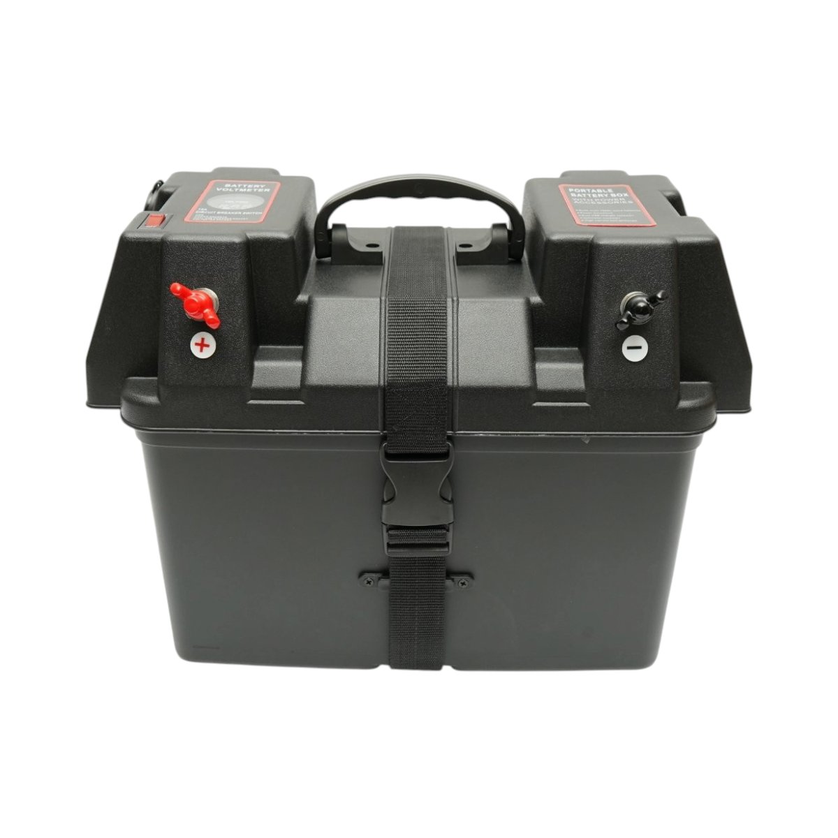 Cutie baterie auto 12V cu voltmetru DC 6-36V, afisaj LCD, intrerupator cirucit 16A, 2 prize bricheta, 2xUSB 340x195x200mm