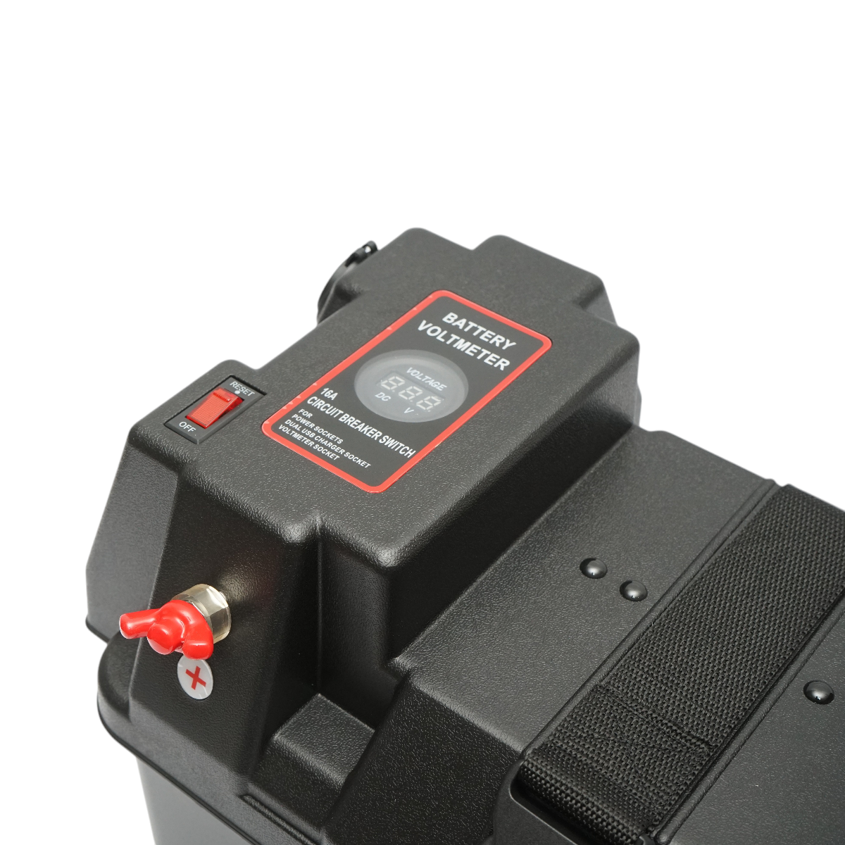 Cutie baterie auto 12V cu voltmetru DC 6-36V, intrerupator cirucit 16A, siguranta 30A, 2 prize bricheta, afisaj LCD, 2xUSB 340x195x200mm - imagine 10