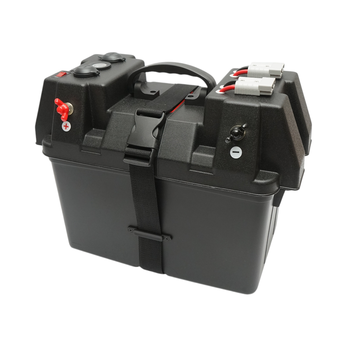 Cutie baterie auto 12V cu voltmetru DC 6-36V, intrerupator cirucit 16A, priza bricheta, afisaj LCD, 2xUSB 340x195x200mm