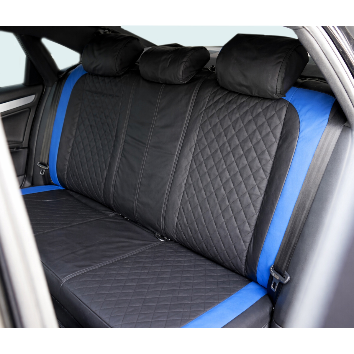 Set huse scaune auto universale Negru-Albastru Diamond, piele ecologica matlasata cu textil, fata + spate 9 piese - imagine 5