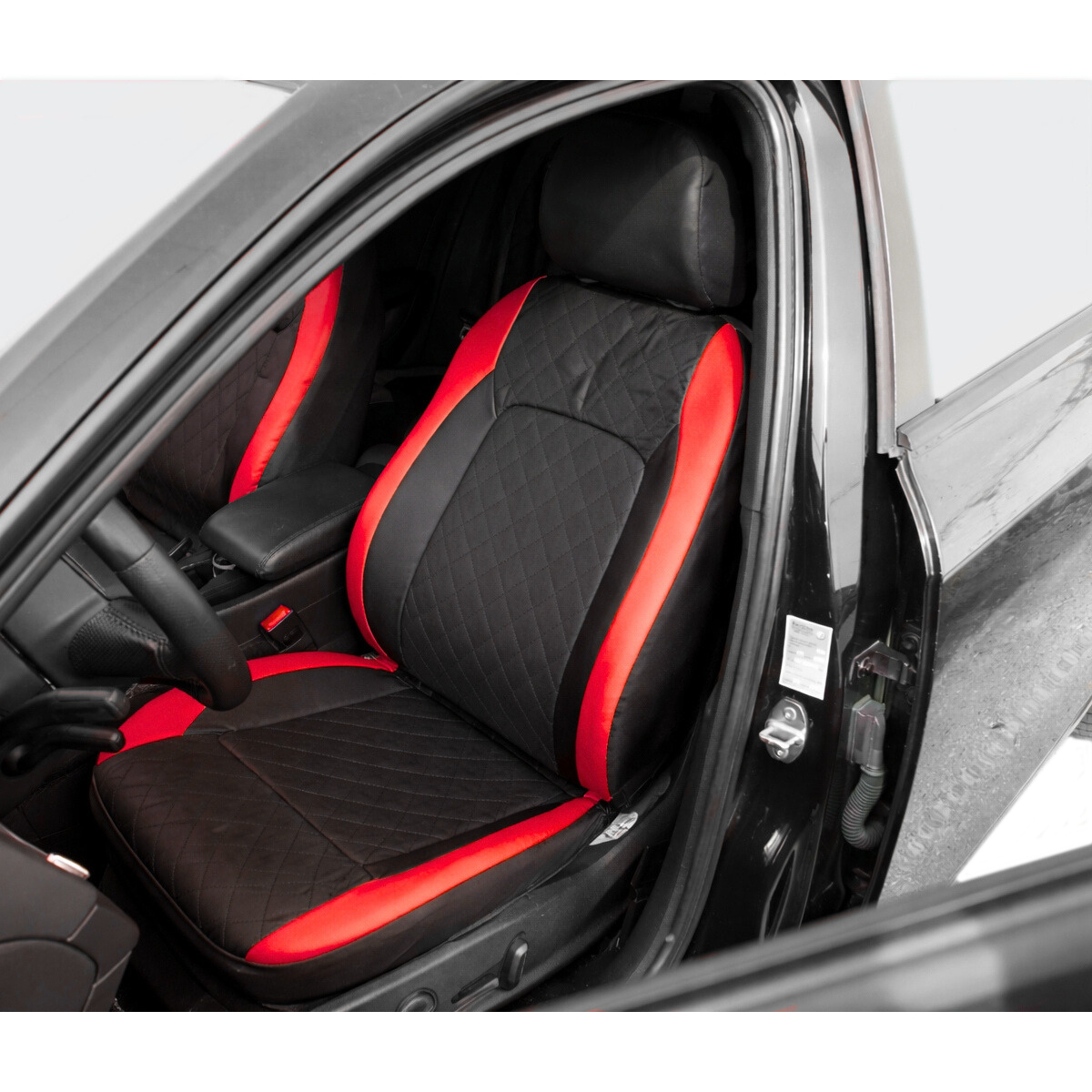 Set huse scaune auto universale Negru-Rosu Diamond, piele ecologica matlasata, fata + spate 9 piese - imagine 4