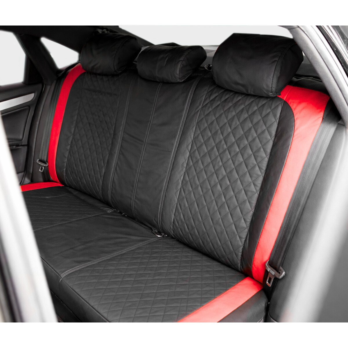 Set huse scaune auto universale Negru-Rosu Diamond, piele ecologica matlasata, fata + spate 9 piese - imagine 5