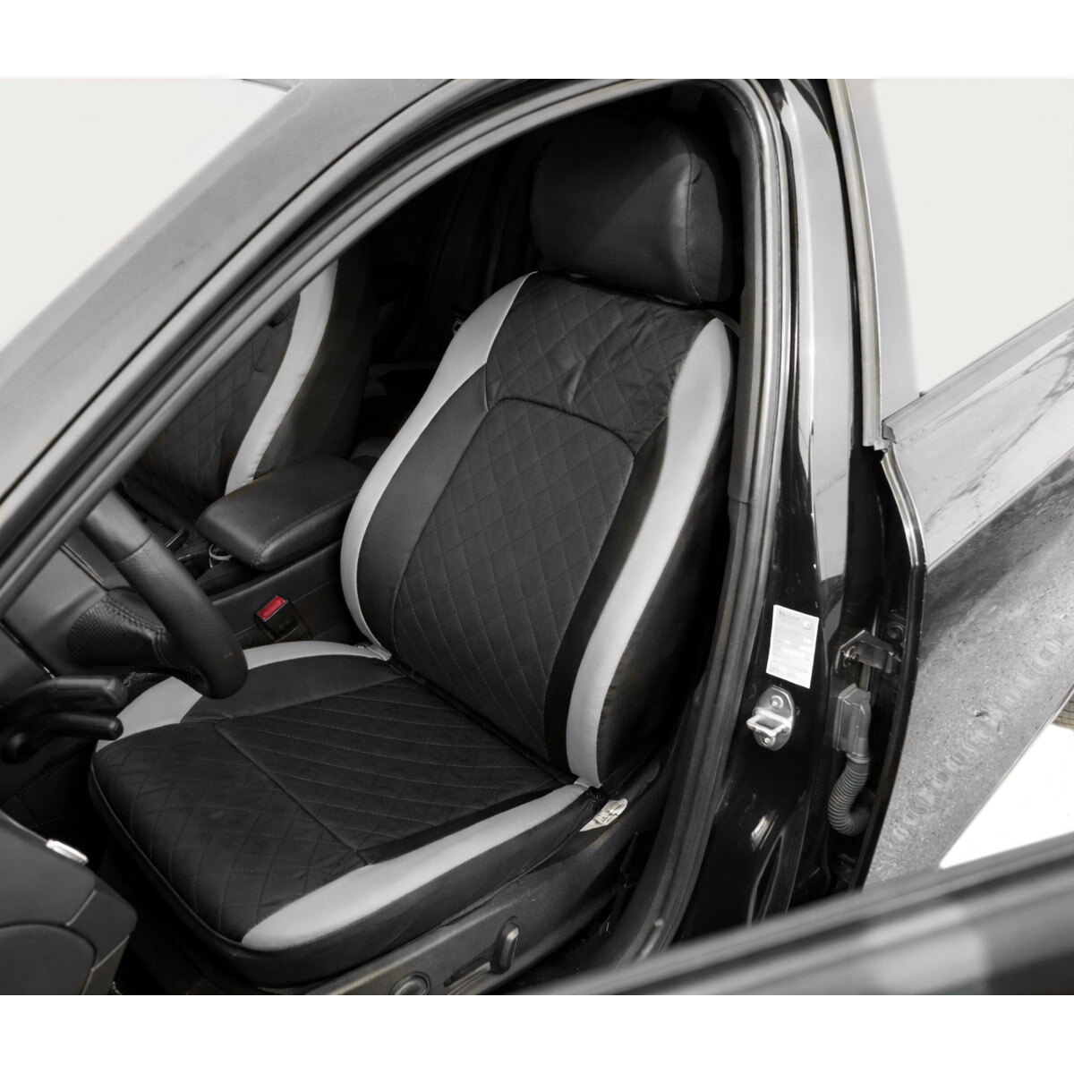 Set huse scaune auto universale Negru-Gri Diamond, piele ecologica matlasata, fata + spate 9 piese - imagine 4