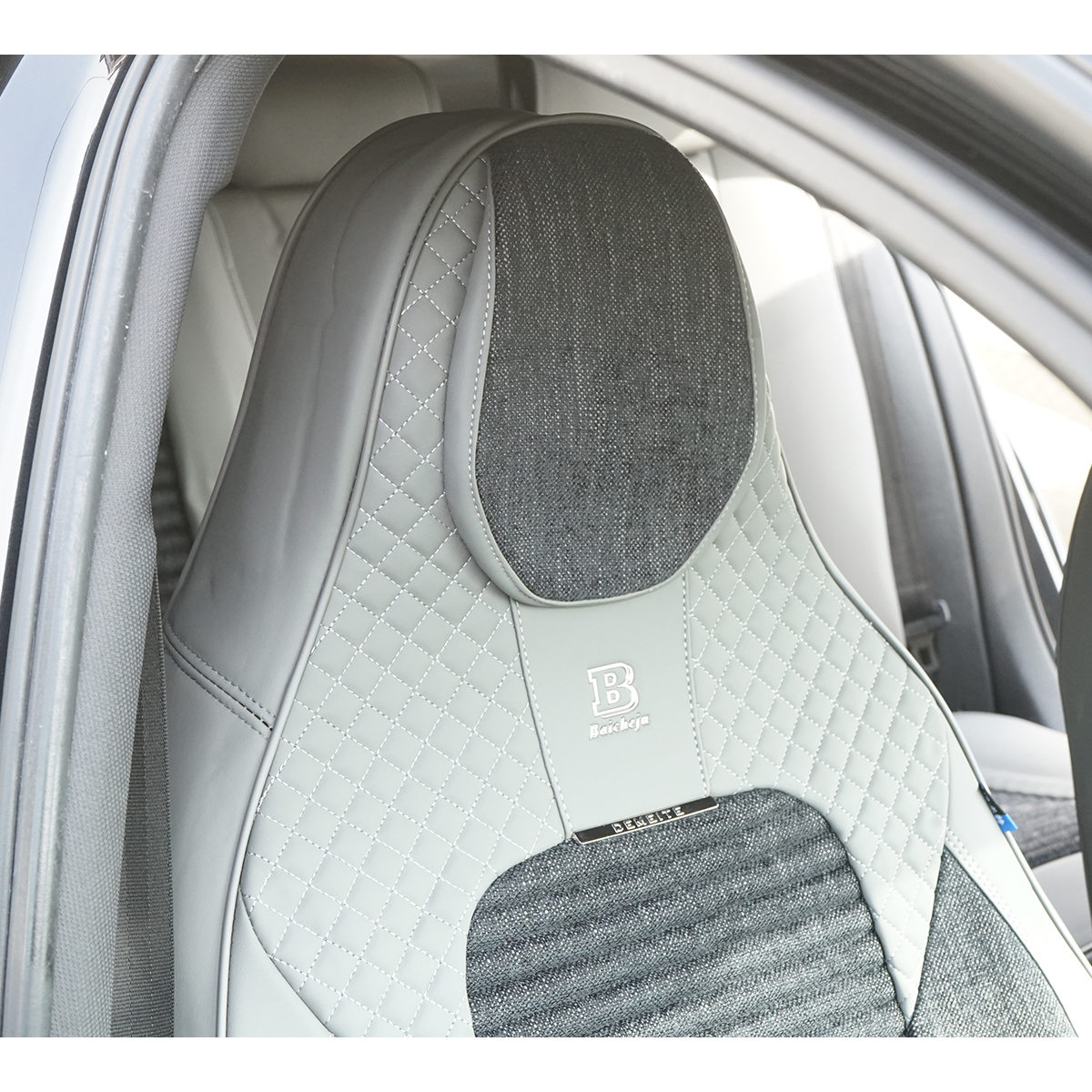 Set huse scaune auto Premium Crem-Gri universale, design sport ergonomic, piele ecologica cu insertii textile, fata + spate 11 piese - imagine 4