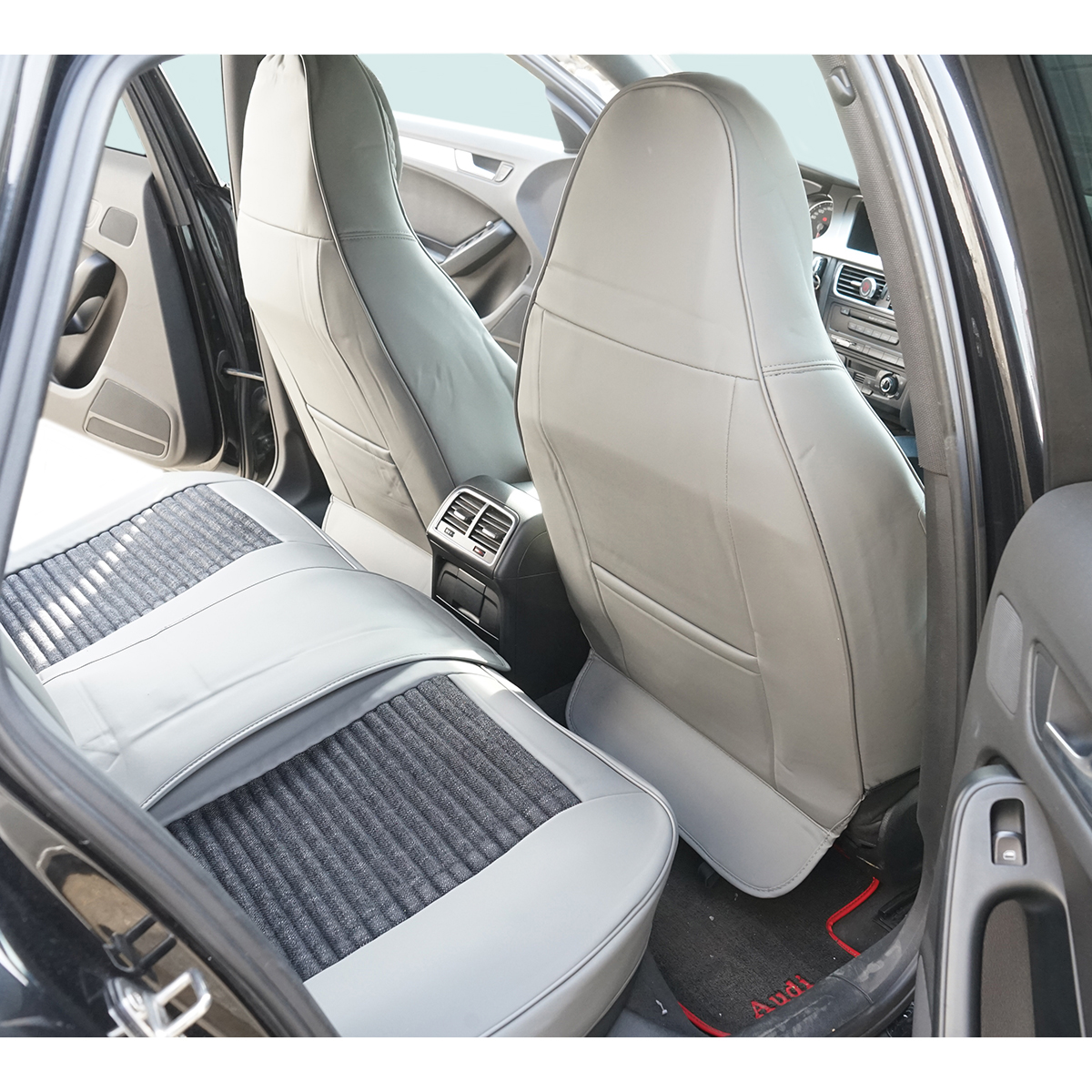 Set huse scaune auto Premium Crem-Gri universale, design sport ergonomic, piele ecologica cu insertii textile, fata + spate 11 piese - imagine 6