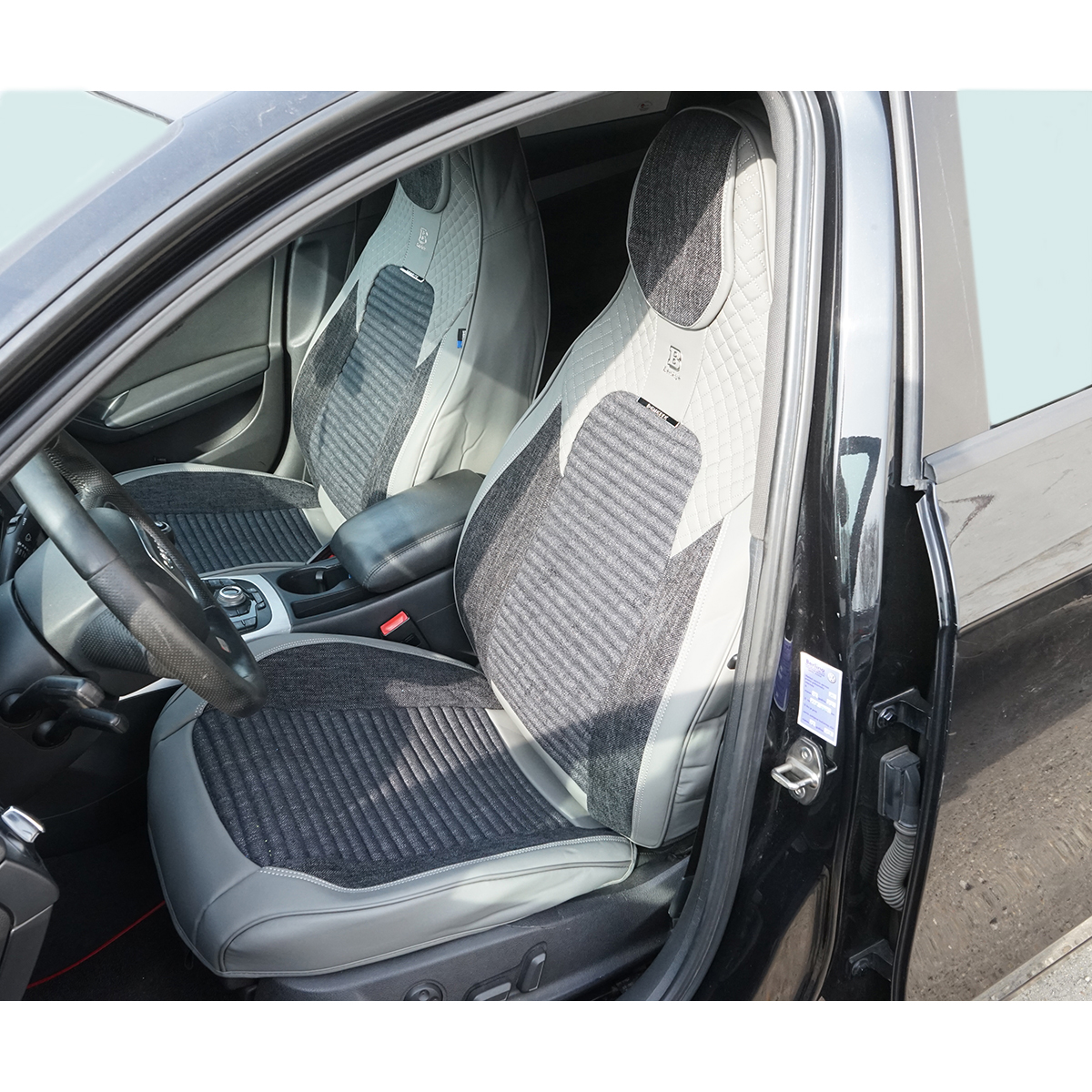 Set huse scaune auto Premium Crem-Gri universale, design sport ergonomic, piele ecologica cu insertii textile, fata + spate 11 piese - imagine 3