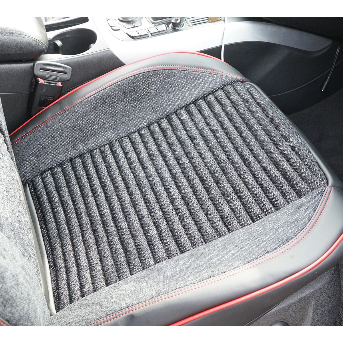 Set huse scaune auto Premium Negru-Rosu universale, design sport ergonomic, piele ecologica cu insertii textile, fata + spate 11 piese - imagine 5