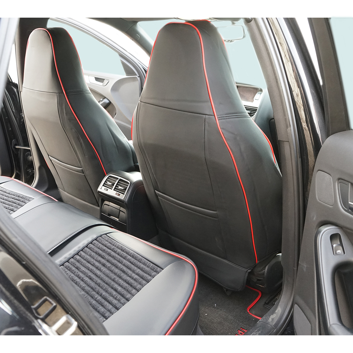 Set huse scaune auto Premium Negru-Rosu universale, design sport ergonomic, piele ecologica cu insertii textile, fata + spate 11 piese - imagine 6