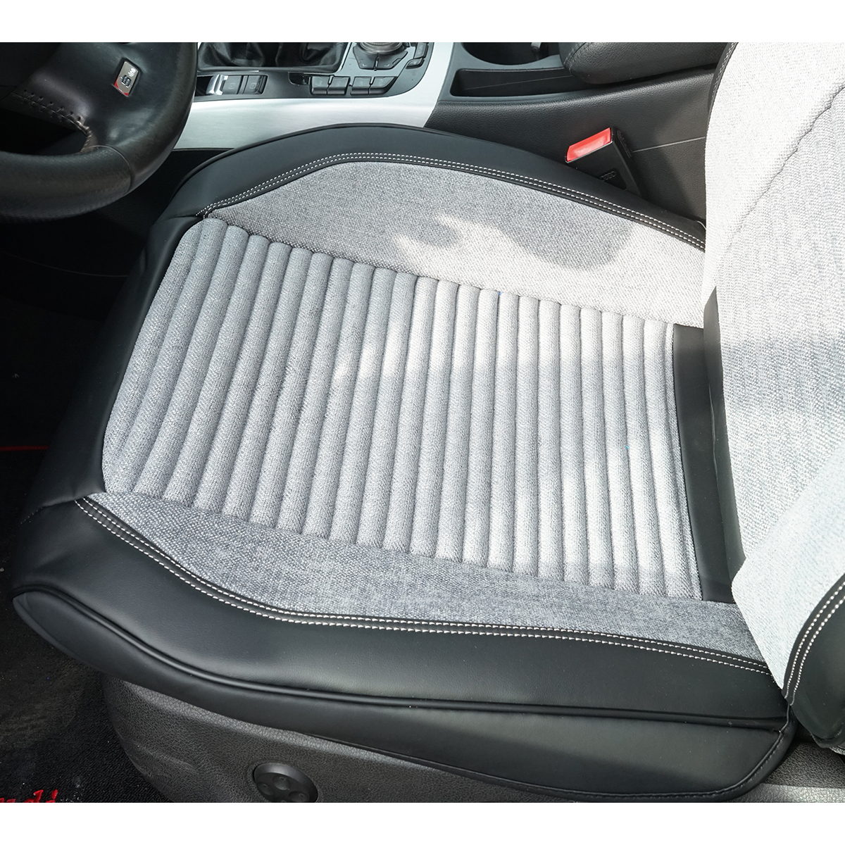 Set huse scaune auto Premium Negru-Gri universale, design sport ergonomic, piele ecologica cu insertii textile, fata + spate 11 piese - imagine 5