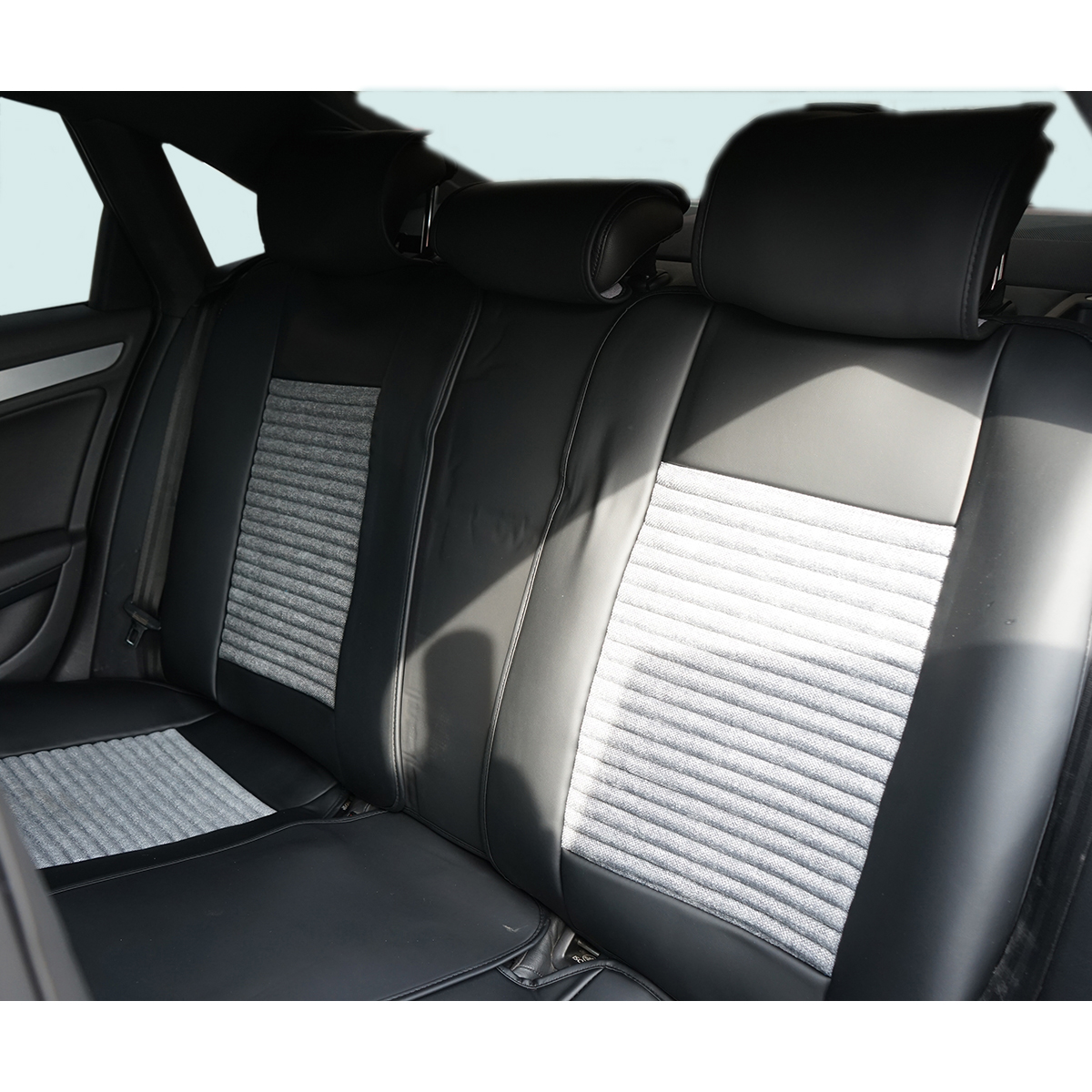 Set huse scaune auto Premium Negru-Gri universale, design sport ergonomic, piele ecologica cu insertii textile, fata + spate 11 piese - imagine 7