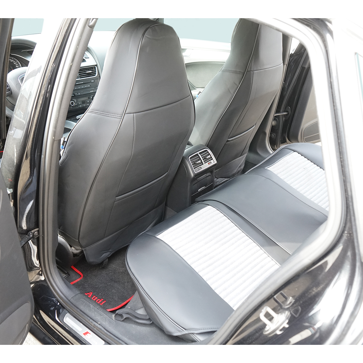 Set huse scaune auto Premium Negru-Gri universale, design sport ergonomic, piele ecologica cu insertii textile, fata + spate 11 piese - imagine 6