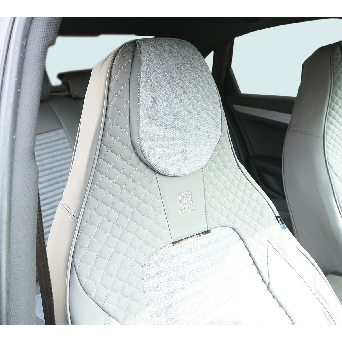 Set huse scaune auto Premium Crem-Gri universale, design sport ergonomic, piele ecologica cu insertii textile, fata + spate 11 piese - imagine 4