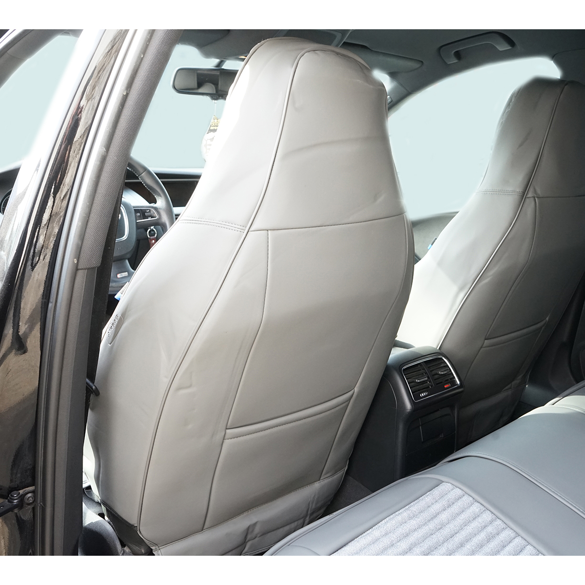 Set huse scaune auto Premium Crem-Gri universale, design sport ergonomic, piele ecologica cu insertii textile, fata + spate 11 piese - imagine 6
