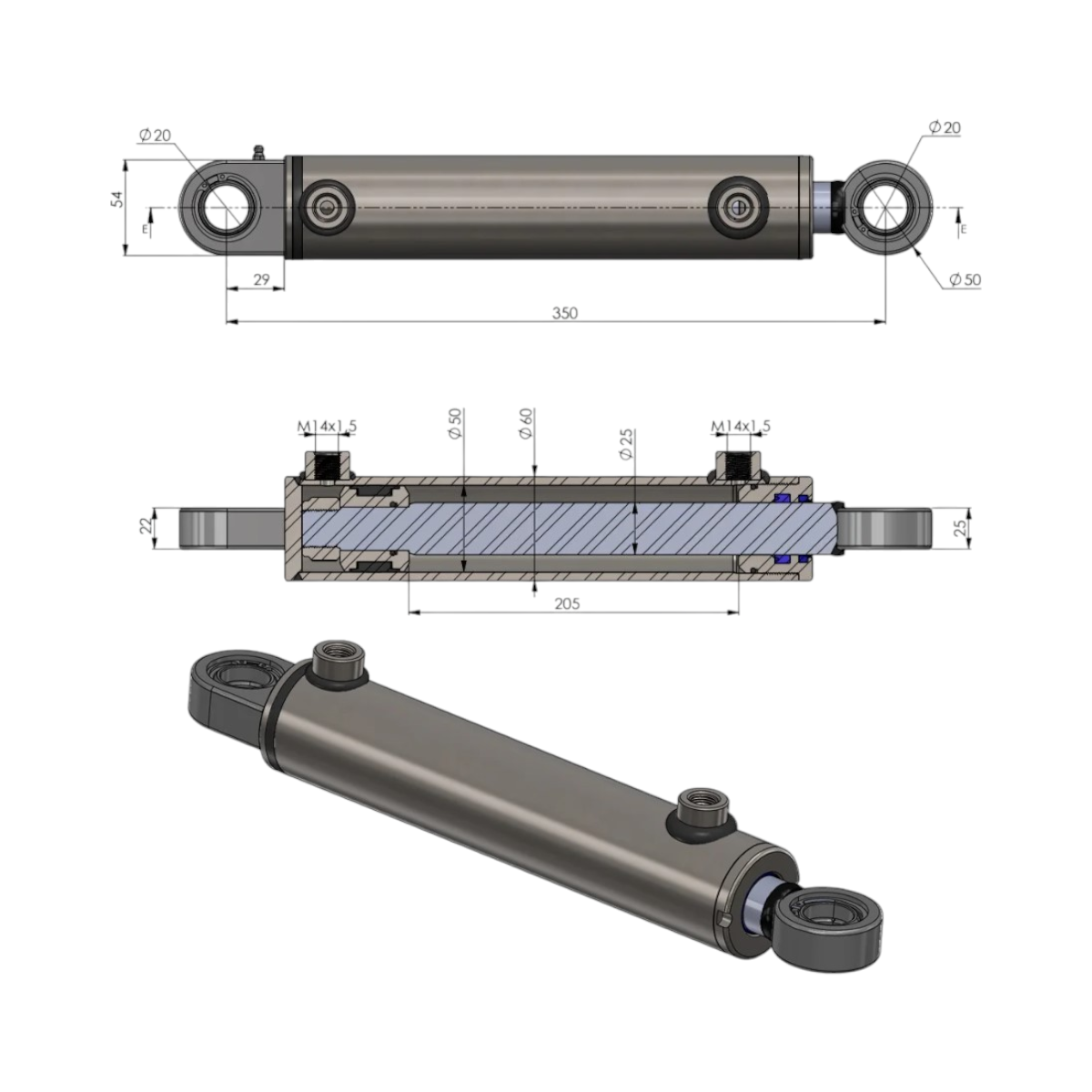 Cilindru directie hidraulic New Holland TNF, TNFA 60x350x205mm cod OEM 5189995 - imagine 6