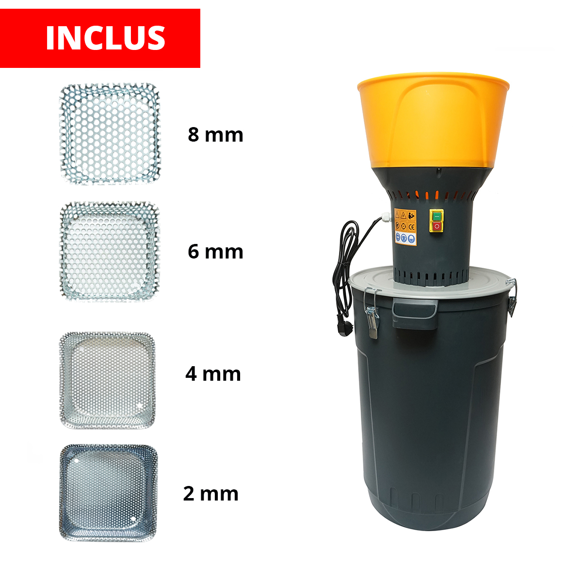 Moara cereale electrica 1.3 KW, 220V, rezervor 60L, 19000 r/min, capacitate 350 Kg/h, 5 site incluse