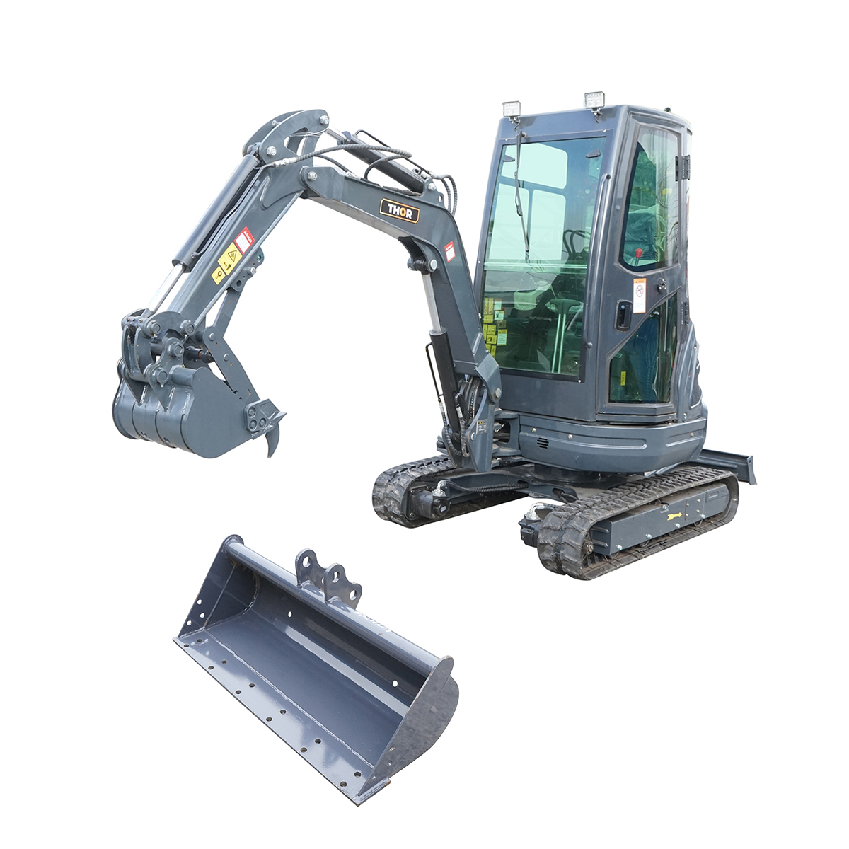 Mini excavator 2T cu cabina, motor diesel 25CP (18.4KW), adancime sapare 2120mm, capacitate ridicare 350Kg, 2 cupe incluse 400/770mm THOR