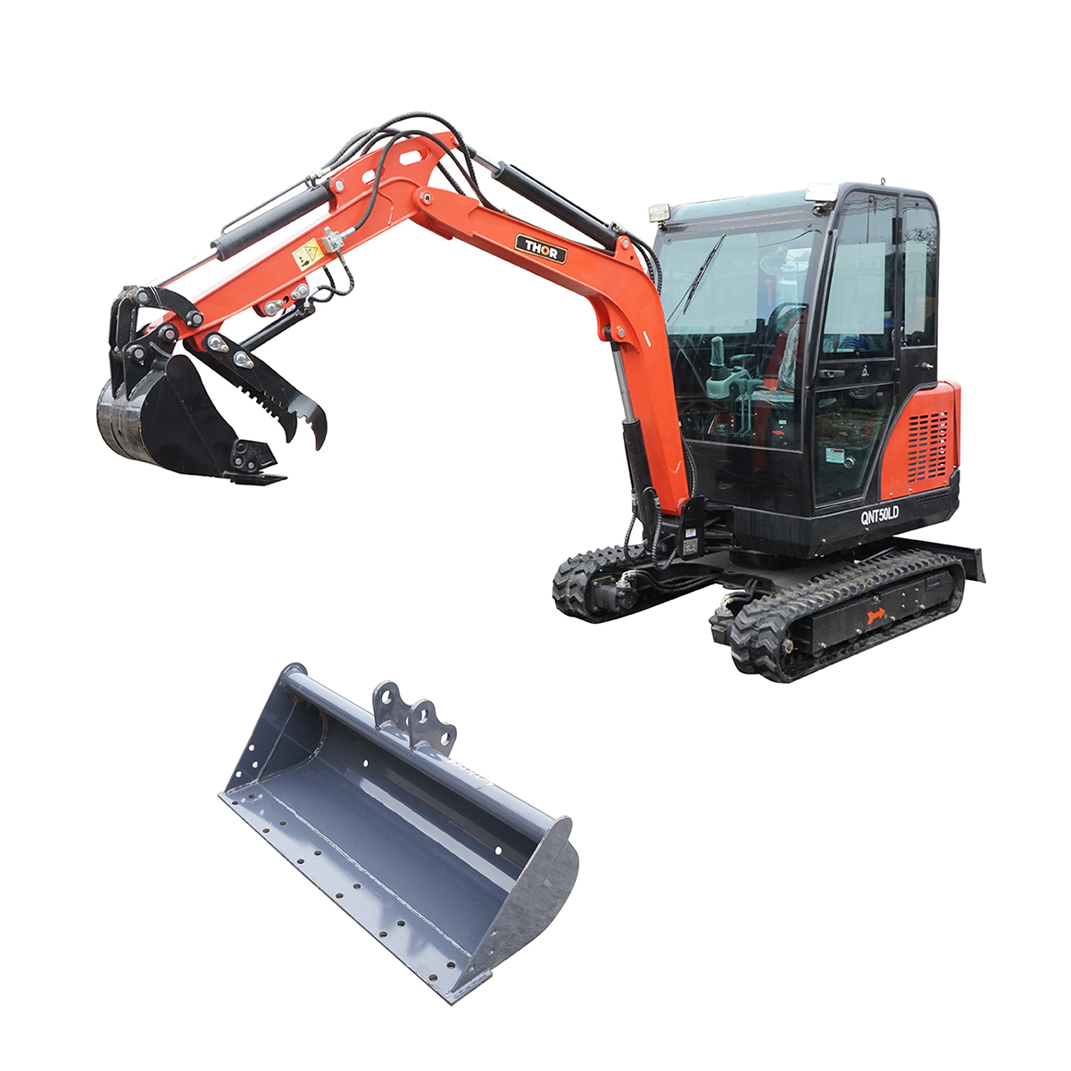 Mini excavator 1.8T cu cabina, motor diesel 25CP, rotire 360 grade, adancime sapare 2300mm, capacitate ridicare 350Kg, 2 cupe incluse 420/985mm THOR