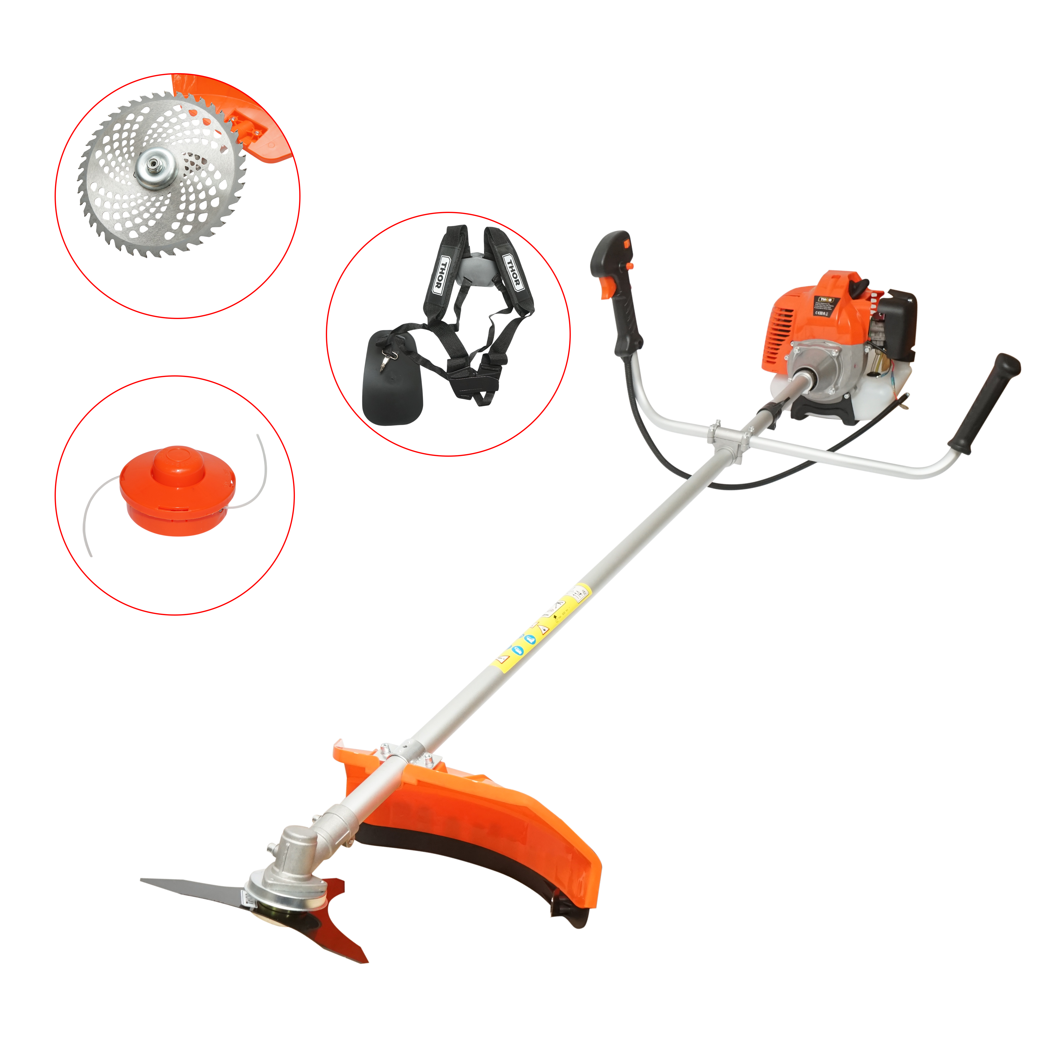 Motocoasa pe benzina 3.4CP, 2T 43cc, turatie 7500rpm, disc 3T/40T, tambur fir, kit accesorii incluse THOR