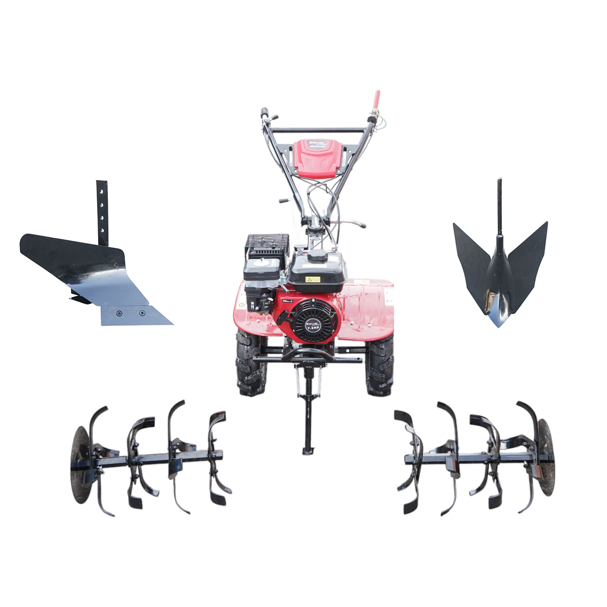 Motocultor 7.5CP cu freza 100cm, plug, rarita, motor benzina 4 timpi 212cc OHV, viteze 2+1, transmisie pinioane, roti 4.00-8 Breckner Germany