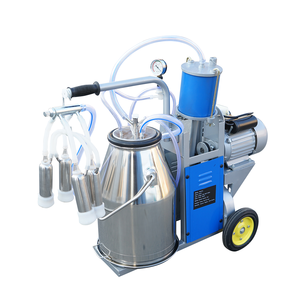 Aparat de muls vaci 1 post 550W, 220V bidon inox 25L, grup de muls cu 4 mansoane, presiune vid 45-50 kPa, pulsatii 60-80 cpm