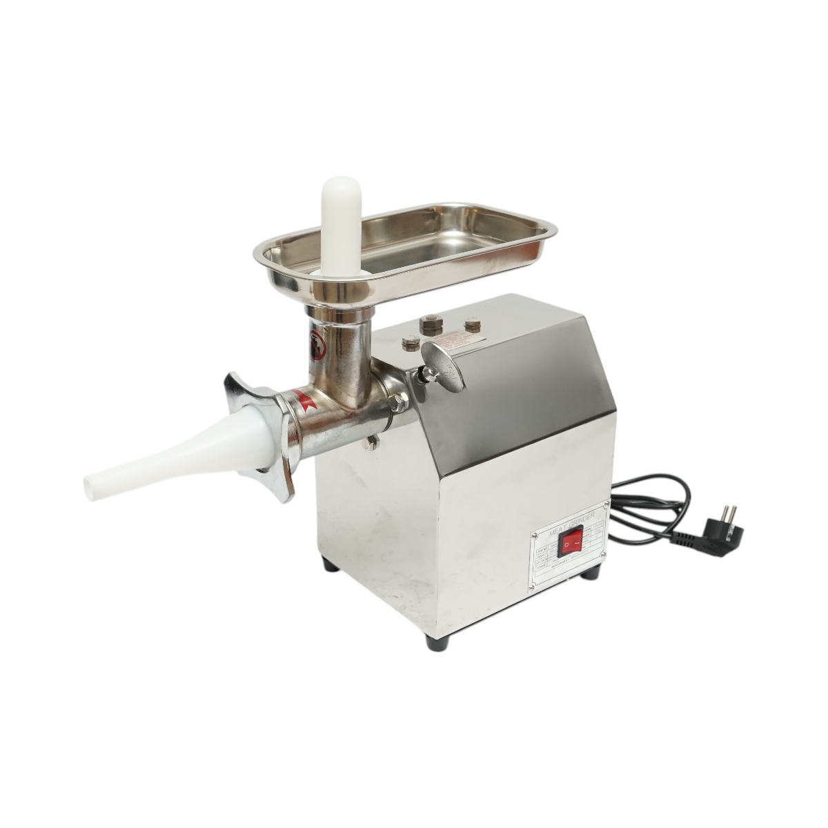 Masina de tocat carne electrica inox 600W, 220V, capacitate 100 kg/h, adaptor carnati, 2 site si 2 cutite incluse 340x185x365mm