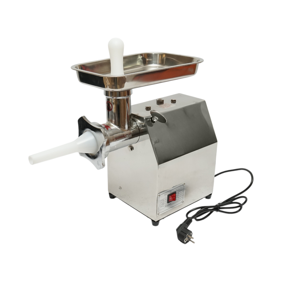 Masina de tocat carne electrica inox 850W, 220V, capacitate 150 kg/h, adaptor carnati, 2 site si 2 cutite incluse 380x210x415mm