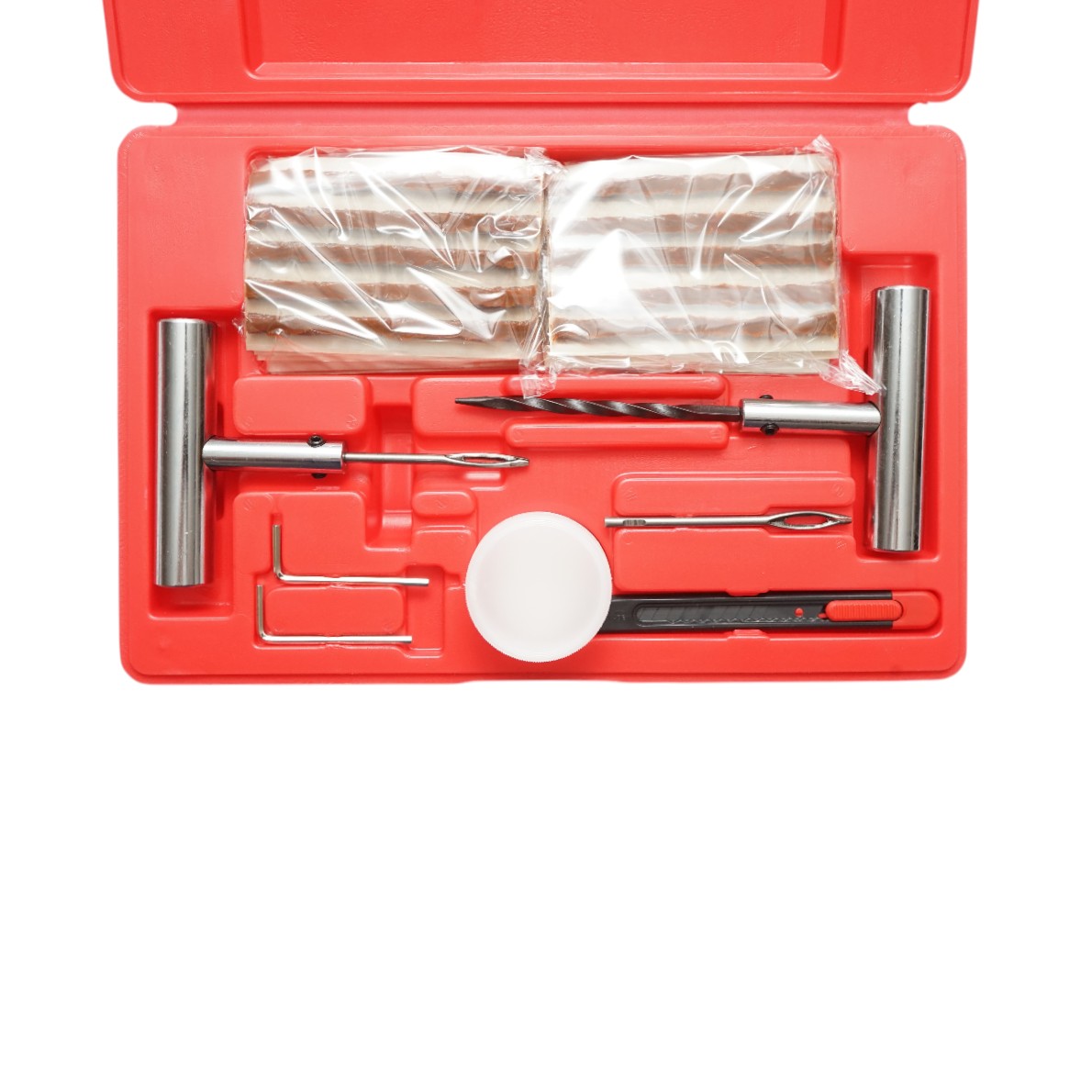 Trusa vulcanizare anvelope tubeless la rece cu snur 100mm, ac insertie, ac spirala, lubrifiant, cutter, chei imbus 57 piese X-TRA SEAL - imagine 3