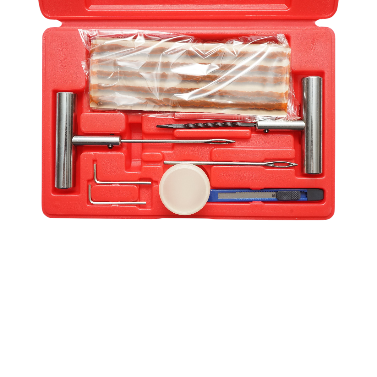 Trusa vulcanizare anvelope tubeless la rece cu snur 200mm, ac insertie, ac spirala, lubrifiant, cutter, chei imbus 32 piese X-TRA SEAL - imagine 2