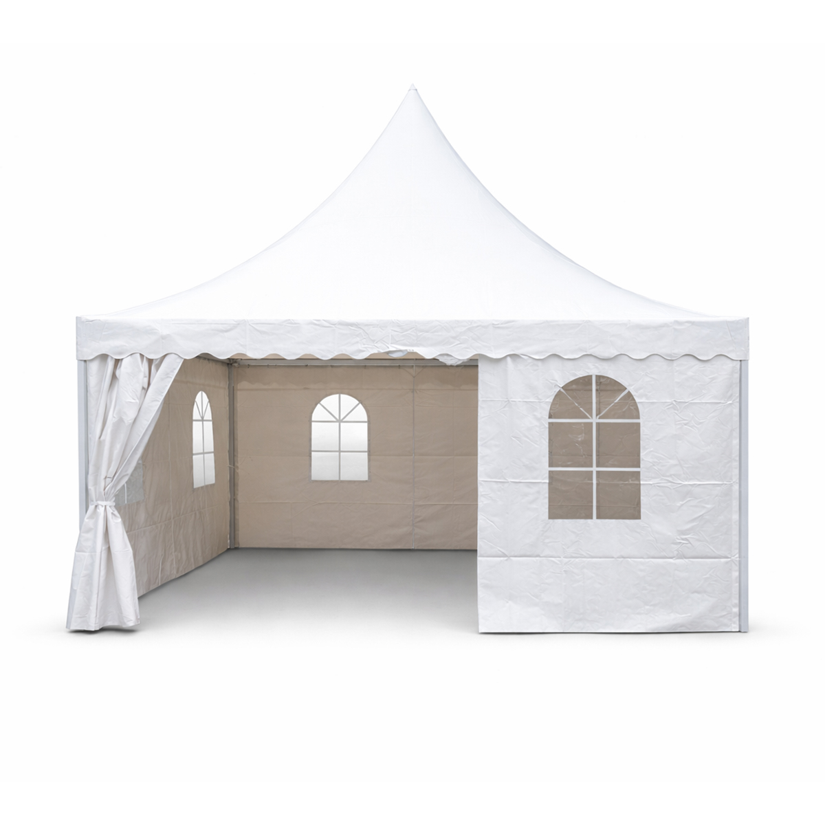 Cort pavilion evenimente tip pagoda 5x5m, alb impermeabil UV, acoperis PVC 750g/m2, cadru otel-aluminiu 48x48x2.5mm