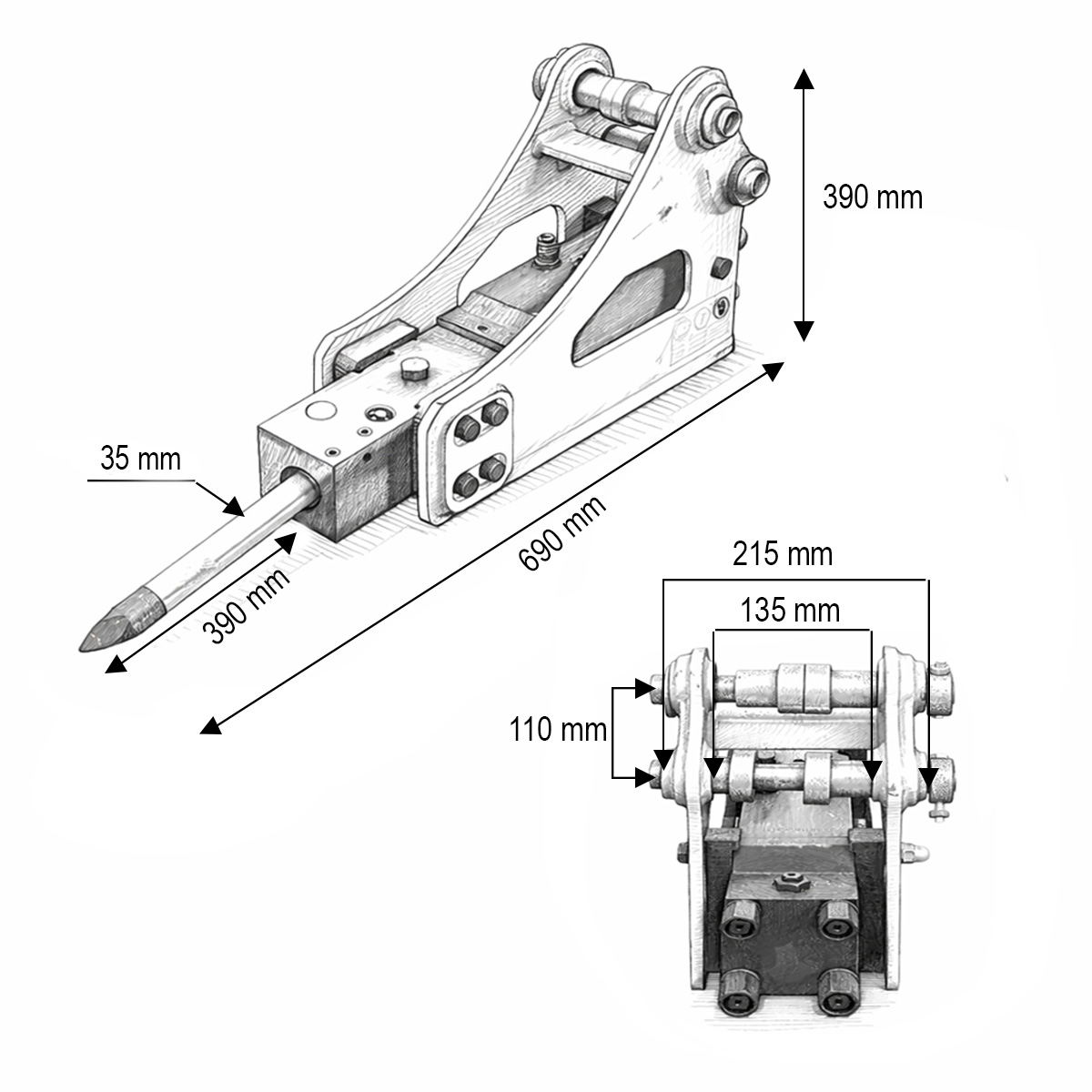 Picon ciocan hidraulic excavator 0.8-2.5T cu 2 dalti Ø 35mm incluse 80kg - imagine 3
