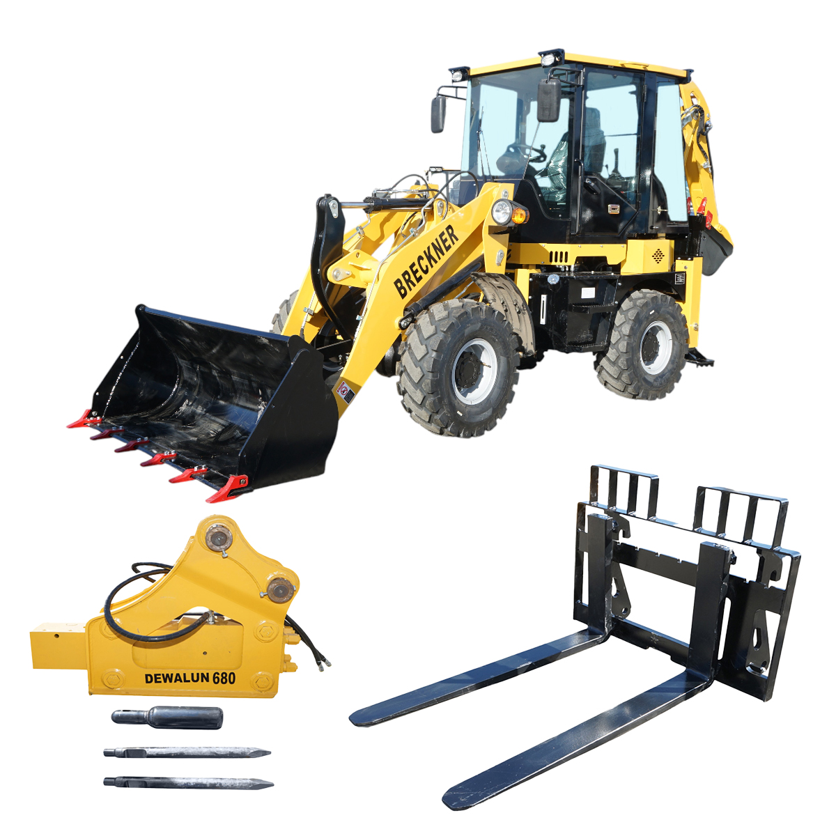 Buldoexcavator articulat compact 1.8T, motor diesel 61CP Euro 5 cu brat excavator, cupa frontala, furci paleti, picon hidraulic Breckner Germany