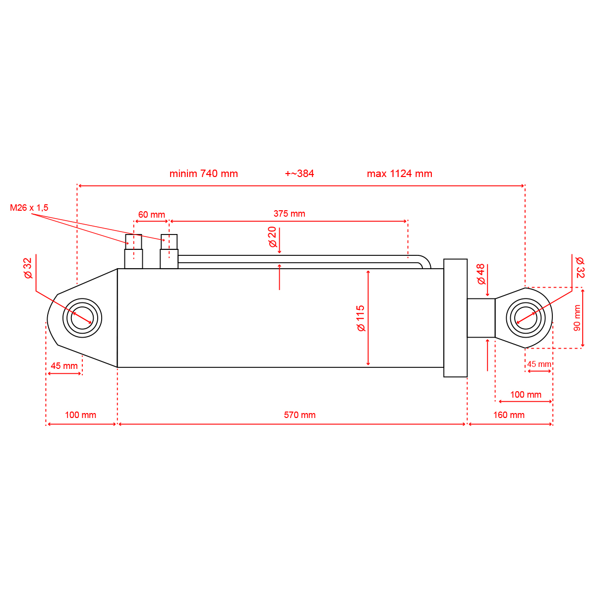Cilindru hidraulic spate pentru lama si sapa 90x115x48x740x570x384mm Tractor Forestier - imagine 4