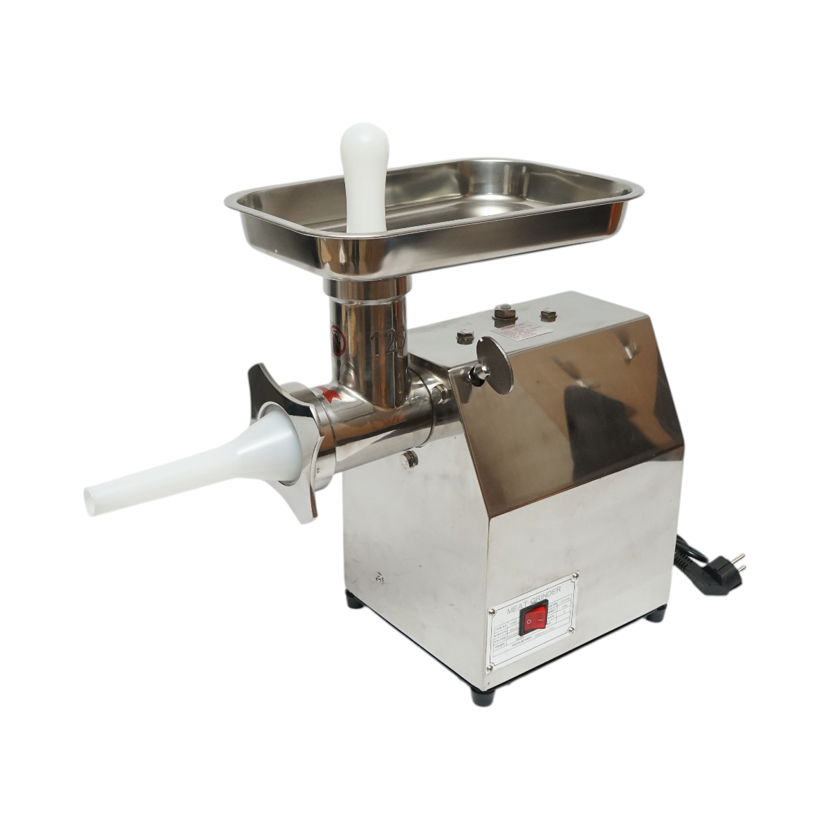 Masina de tocat carne electrica inox 1600W, 220V, capacitate 150 kg/h, adaptor carnati, 1 sita si 1 cutit incluse 380x210x415mm
