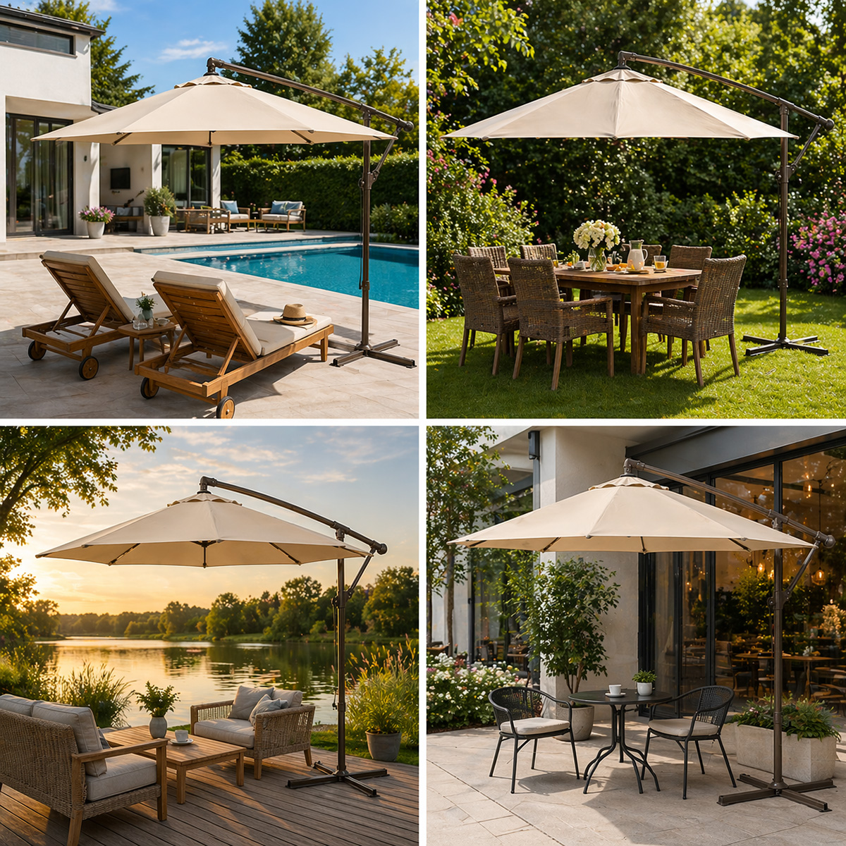 Umbrela de gradina rotunda crem 3m, brat lateral reglabil cu manivela, structura metalica Breckner Germany - imagine 3