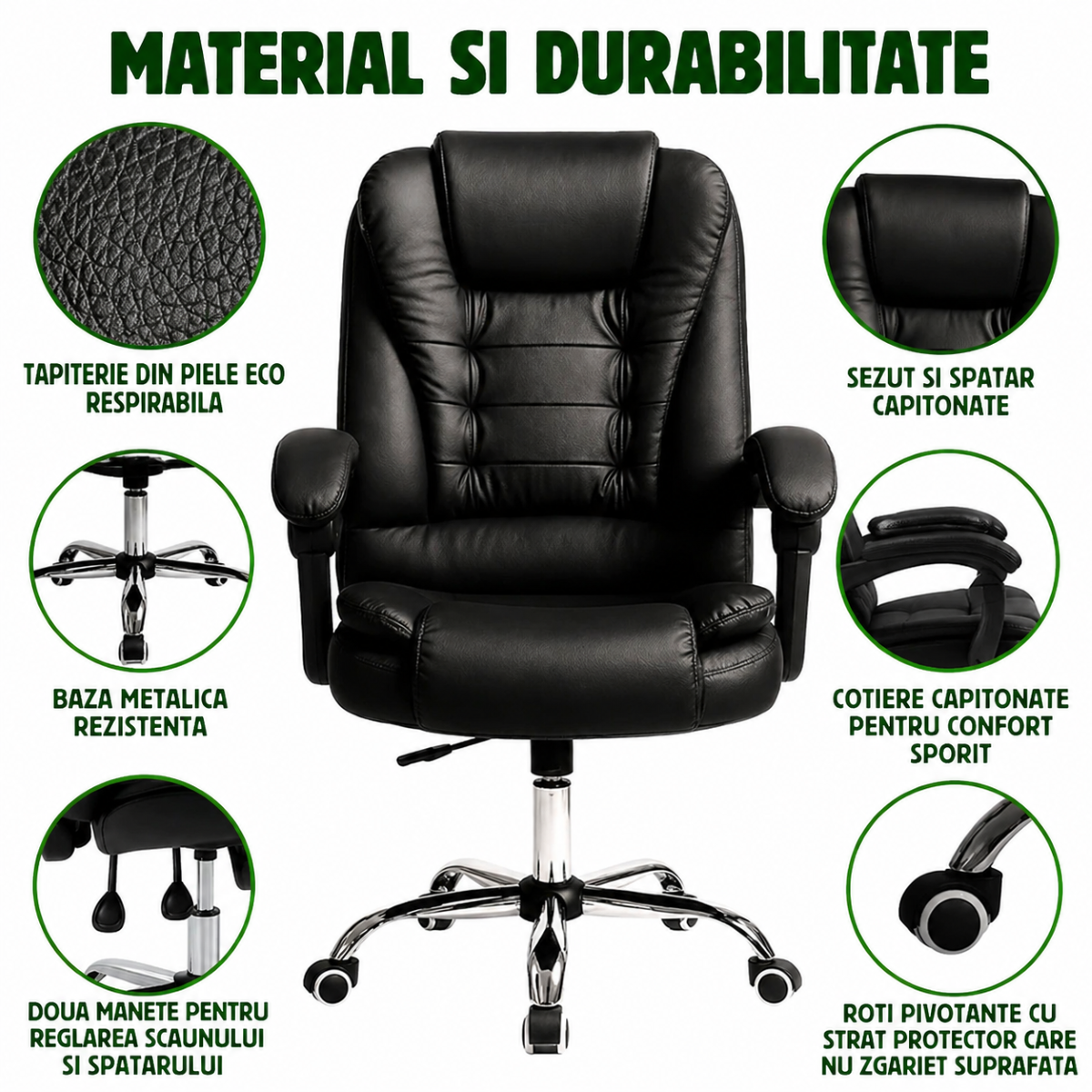 Scaun de birou ergonomic directorial cu suport lombar, piele ecologica neagra, rotativ, spatar si inaltime reglabile - imagine 6